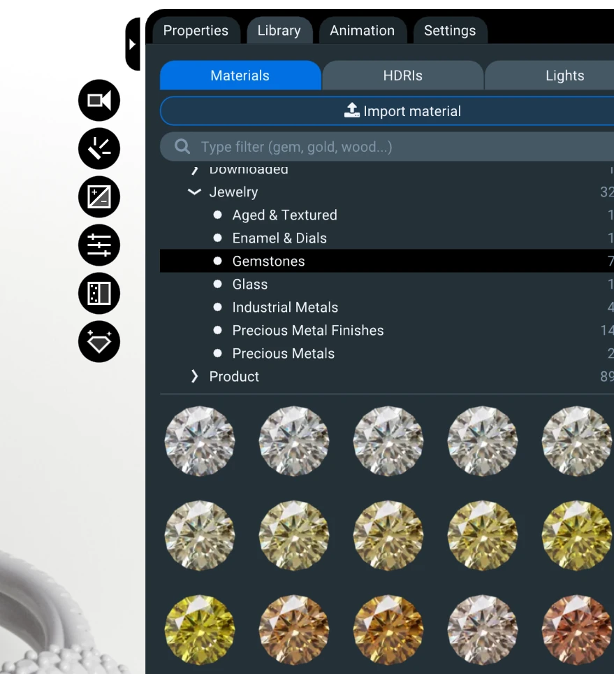 Gemstone material previews in the Light Tracer library