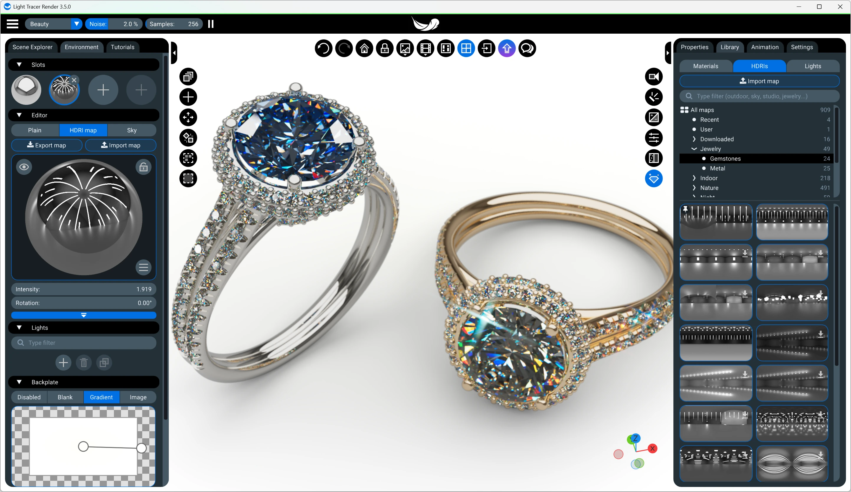 Adjusting a separate HDRI environment for the gemstones