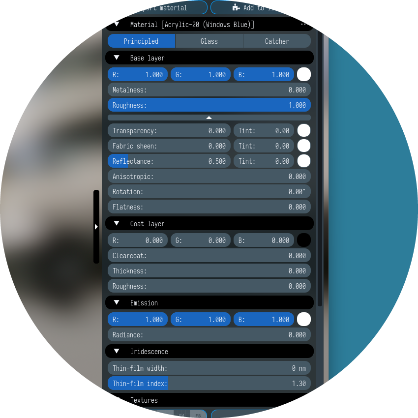 Principled material properties tab in Light Tracer Render