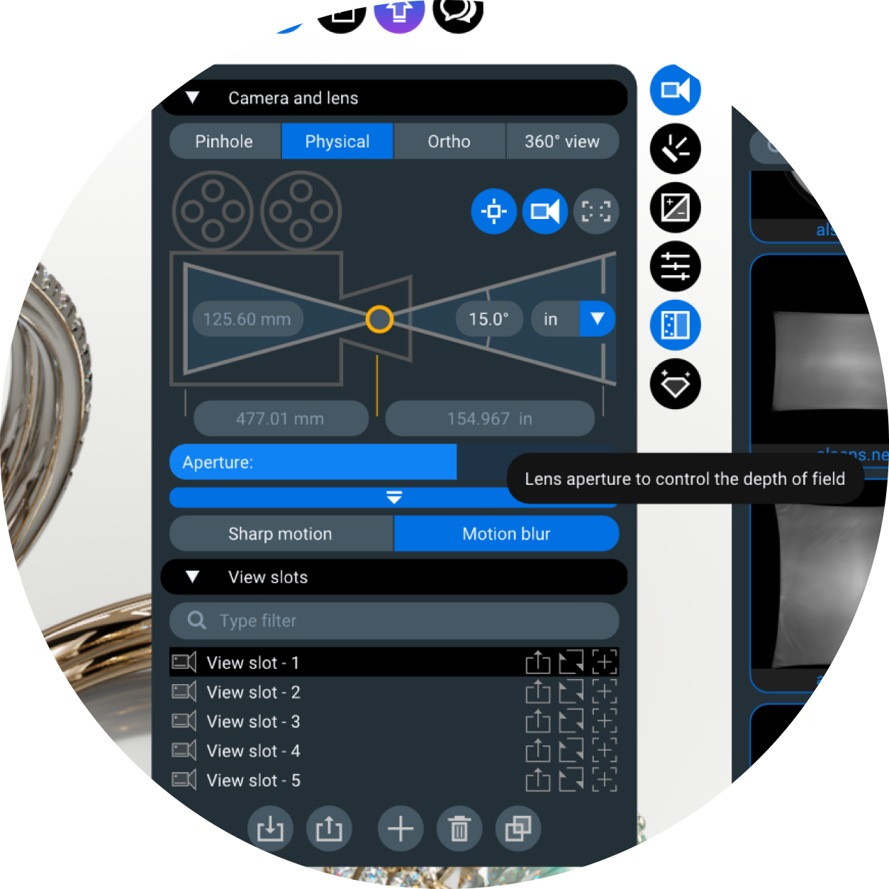 Physical camera, aperture, focus, and lens controls