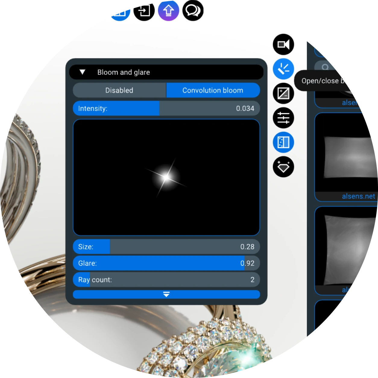 Bloom and glare controls for the ring's bright highlights